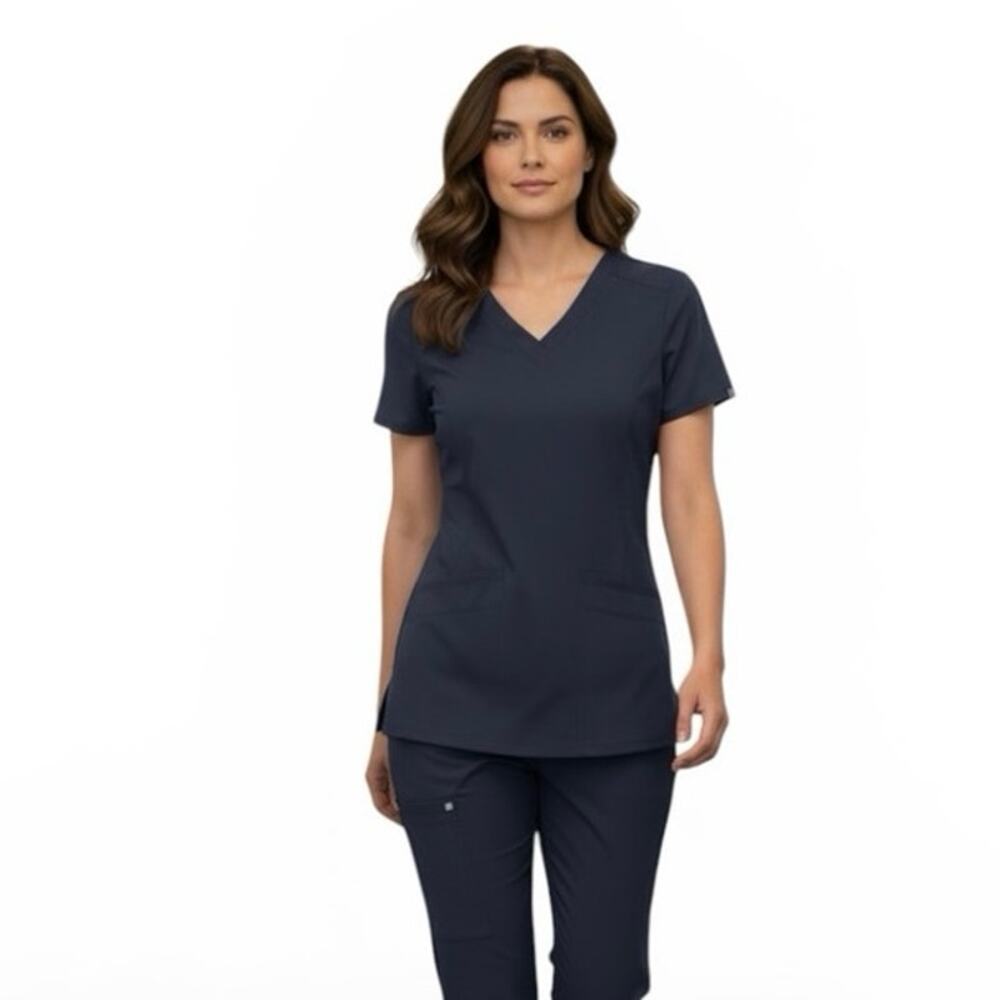 Beyond Scrubs Women’s Dark Navy Black Poly Spandex Twill Scrub Top Size XL